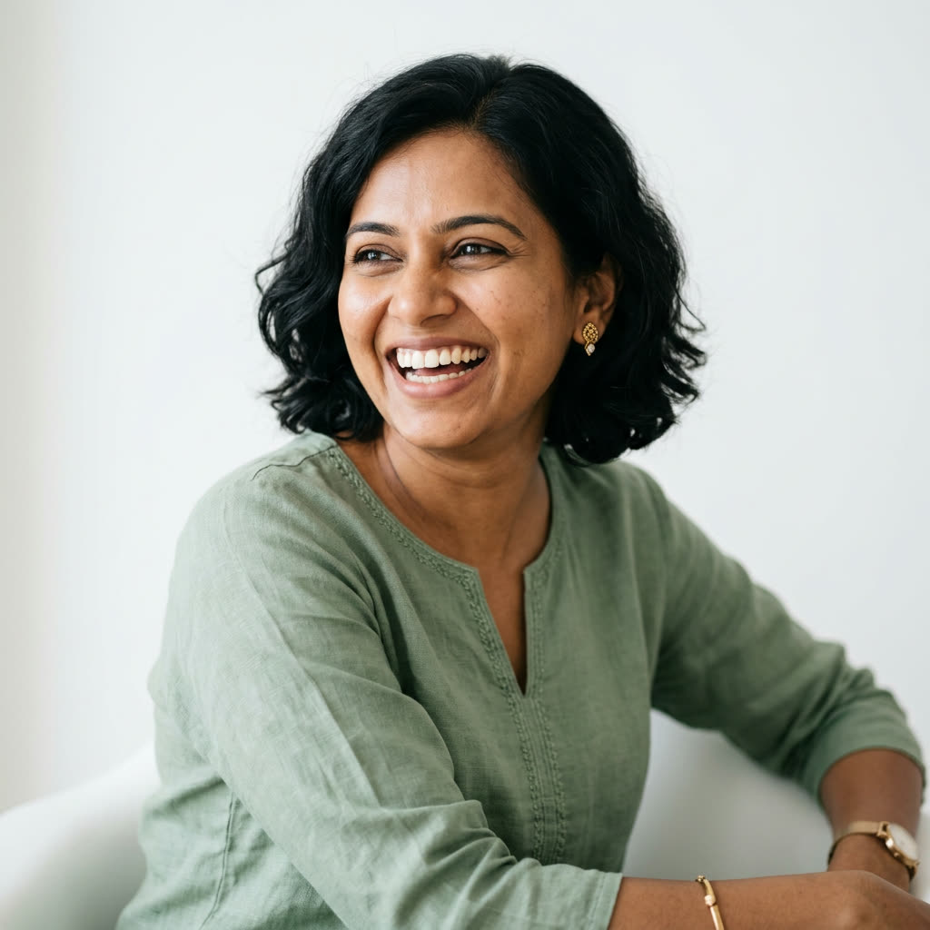 AI-generated illustrative portrait of a laughing woman in a green kurta