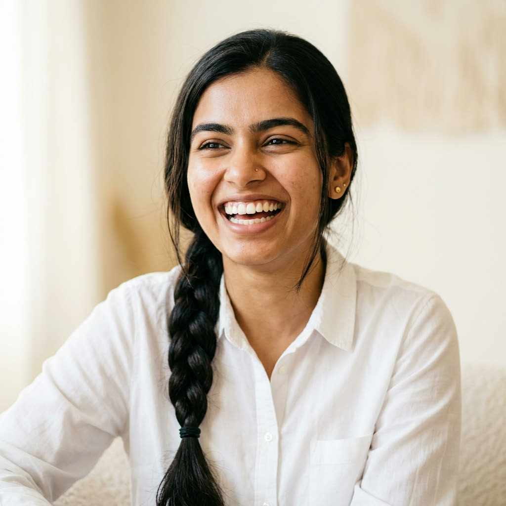 AI-generated illustrative portrait of a laughing young woman with a braid